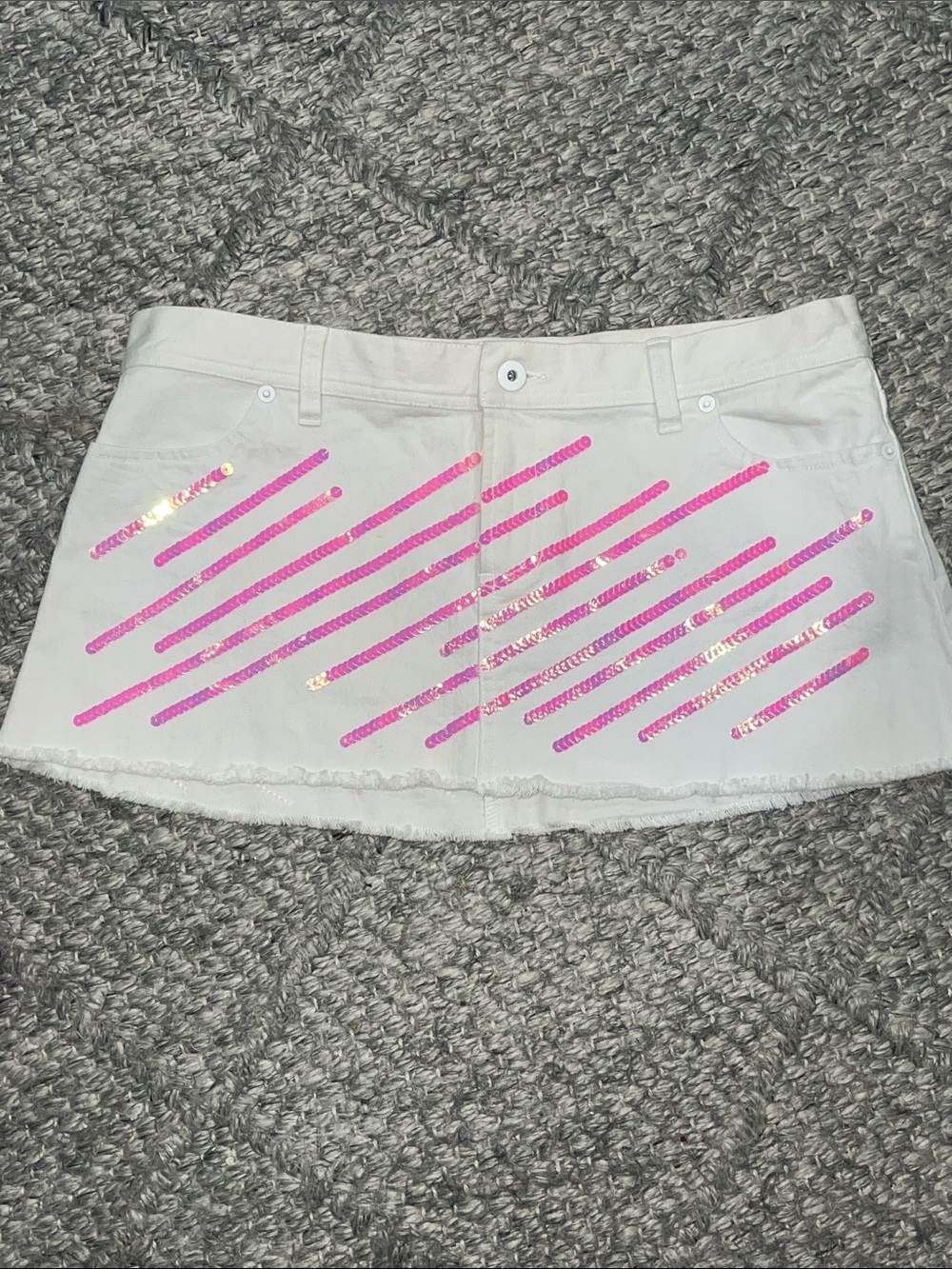 Victoria Secret Y2K White Mini Skirt with Pink Sequin Stripe Detail - Picture 1 of 3